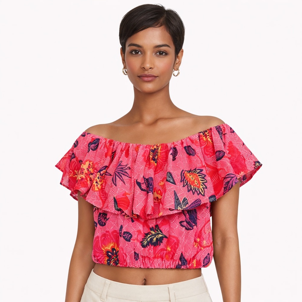Rhode Rouge Axi Off Shoulder Ruffle Crop‎ Top Pink Floral Size M NWT